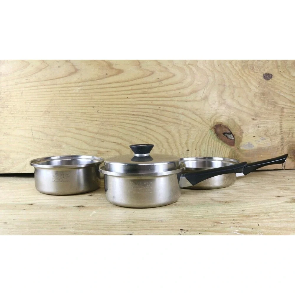 Amway Queen Cookware Lot of 4 Pans Pots, 1.5qrt, 1qrt 18/8 Silver Vintage USA